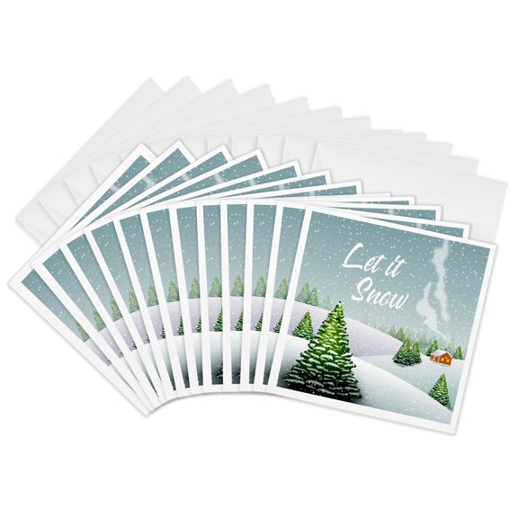3drose, Winter Snowfall, Spruce Trees, Small House. Let It Snow White Text, 12 Greeting Cards with Envelopes