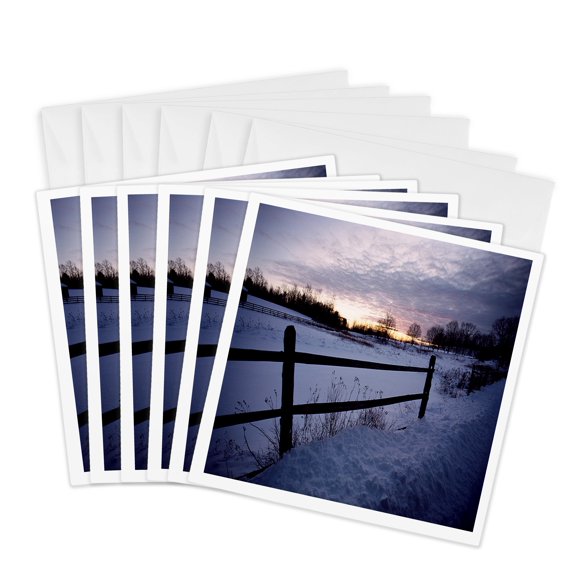 3drose, Winter Theme Daybreak Sunrise Fence, 6 Greeting Cards with Envelopes
