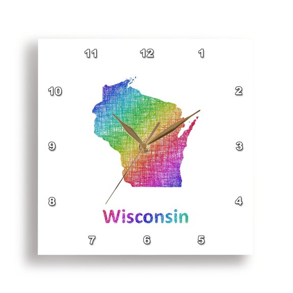 3drose, Wisconsin State Map - Rainbow Sketch Design, 13x13 Wall Clock