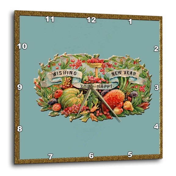 3drose, Wishing You a Happy New Year Victorian Fruit and Banner, 15x15 Wall Clock