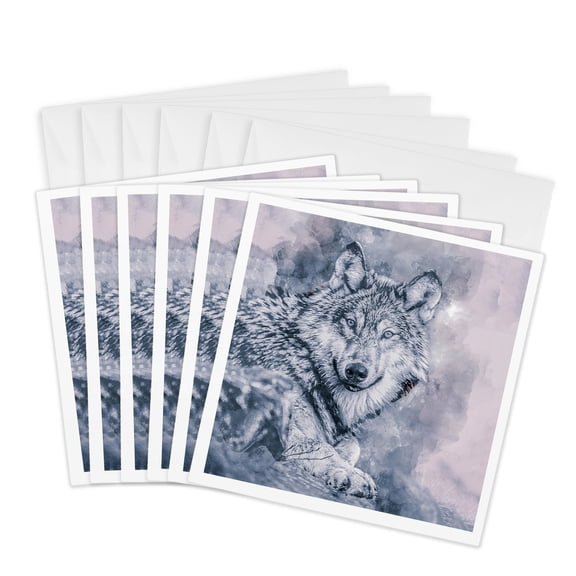 3drose, Wolf Head Watercolor Painting, 6 Greeting Cards with Envelopes