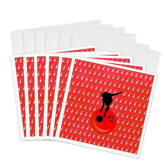 3drose, Woman on Bowling Ball with Bowling Pin Background, Red, 6 Greeting Cards with Envelopes