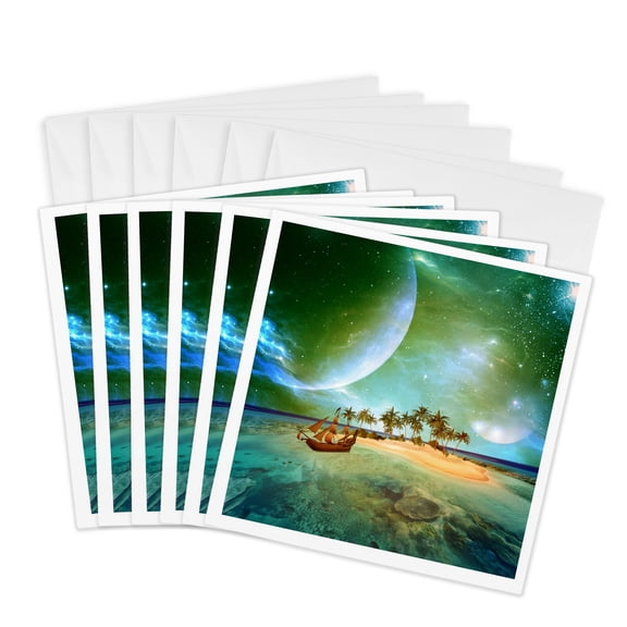 3drose, Wonderful Tropical Island with Ship, 6 Greeting Cards with Envelopes