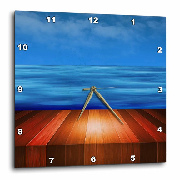 3drose, Wooden Bench Against an Ocean and Blue Sky, 10x10 Wall Clock