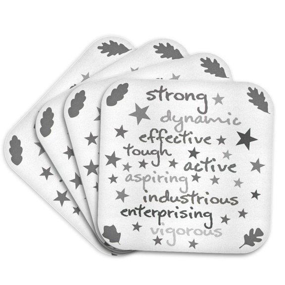 3drose, Words of Strength and Energy Positive Grey Text on White Background, Set of 4 Coasters - Soft