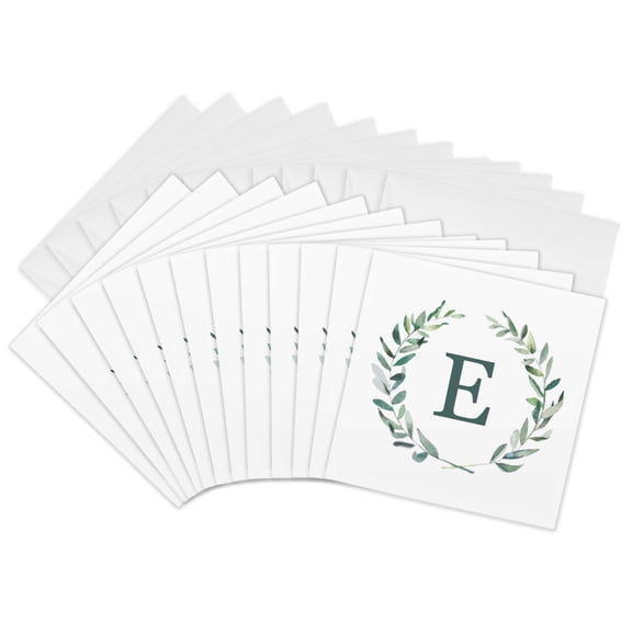 3drose, Wreath with Monogram Initial Letter E in Green on White Background., 12 Greeting Cards with Envelopes