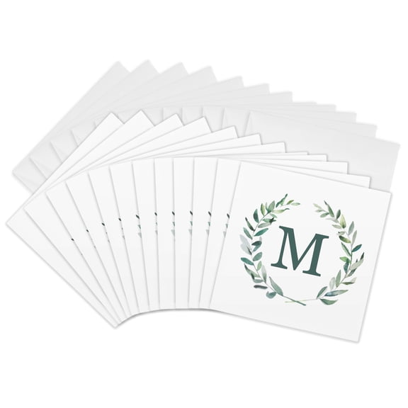 3drose, Wreath with Monogram Initial Letter M in Green on White Background., 12 Greeting Cards with Envelopes