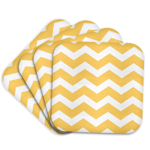 3drose, Yellow Chevron Zig Zag Pattern - Bold Mustard and White Zigzags, Set of 4 Coasters - Soft