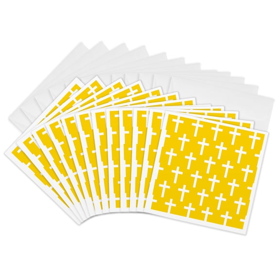3drose, Yellow Christian Cross Pattern with White Religious Crucifix Crosses, 12 Greeting Cards with Envelopes