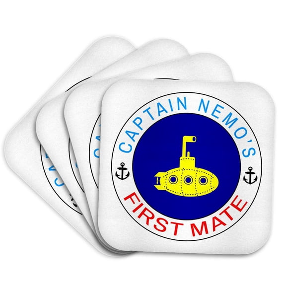 3drose, Yellow Color Submarine, Blue Circle. Text Captain Nemos First Mate, Set of 4 Coasters - Soft