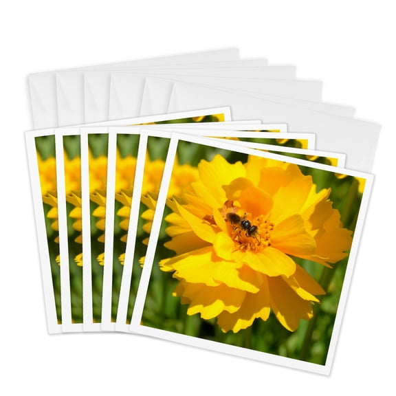 3drose, Yellow Flower with Bee, 6 Greeting Cards with Envelopes