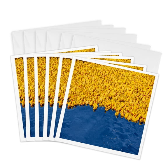 3drose, Yellow Rubber Ducks Float Blue Lake Water, 6 Greeting Cards with Envelopes