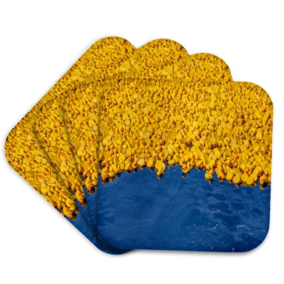 3drose, Yellow Rubber Ducks Float Blue Lake Water, Set of 4 Coasters - Soft