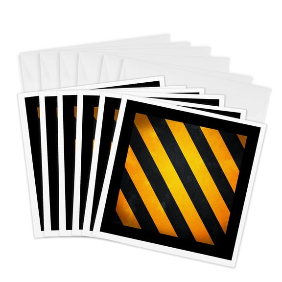 3drose, Yellow and Black Diagonal Caution Stripes, 6 Greeting Cards with Envelopes