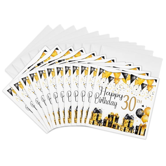 3drose, Yellow and Black Gifts and Balloons Happy 30th Birthday, 12 Greeting Cards with Envelopes