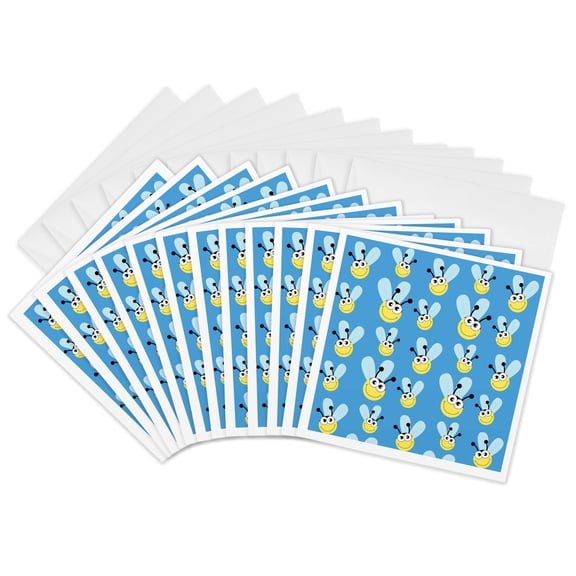 3drose, Yellow and Blue Bees Pattern on a Blue Background, 12 Greeting Cards with Envelopes