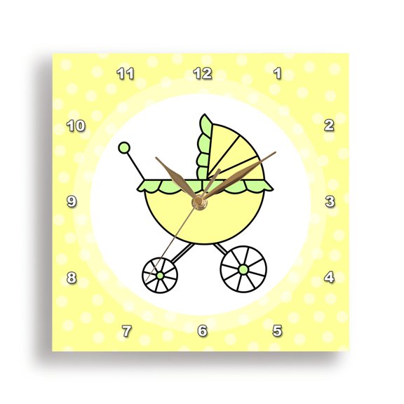3drose, Yellow and Green Baby Carriage Design, 10x10 Wall Clock