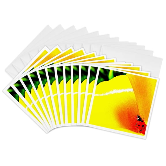 3drose, Yellow and Red Floral Ladybug Art, 12 Greeting Cards with Envelopes