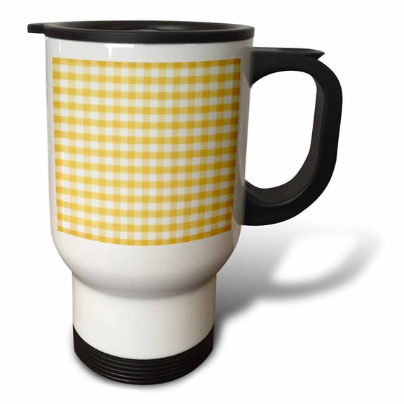 3drose, Yellow and White Gingham Pattern - Sunny Checkered Rustic Country Kitchen Checked Dining Theme Check, 14oz Stainless Steel Travel Mug