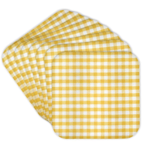 3drose, Yellow and White Gingham Pattern - Sunny Checkered Rustic Country Kitchen Checked Dining Theme Check, Set of 8 Coasters - Cork