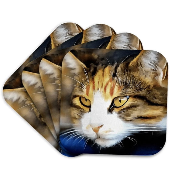 3drose, Yellow-eyed Calico Cat Realistic Pet Portrait, Set of 4 Coasters - Cork