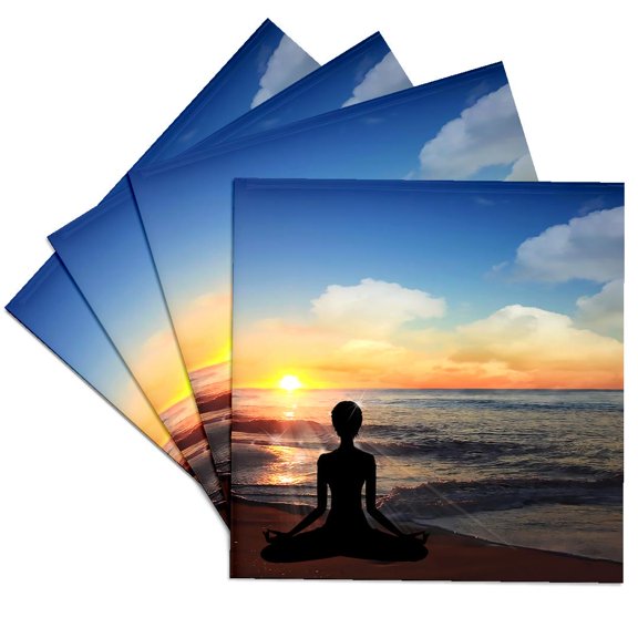 3drose, Yoga Lotus Position on the Beach at Sunset, Set of 4 Ceramic Tile Coasters
