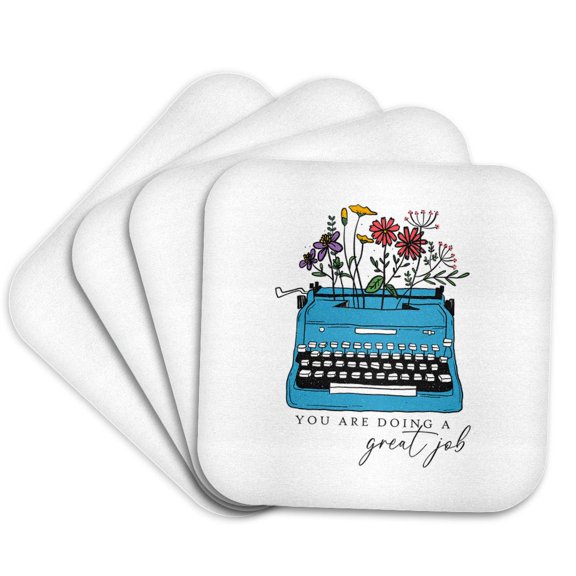 3drose, You Are Doing a Great Job Text, an Image of a Typewriter, Flowers, Set of 4 Coasters - Soft