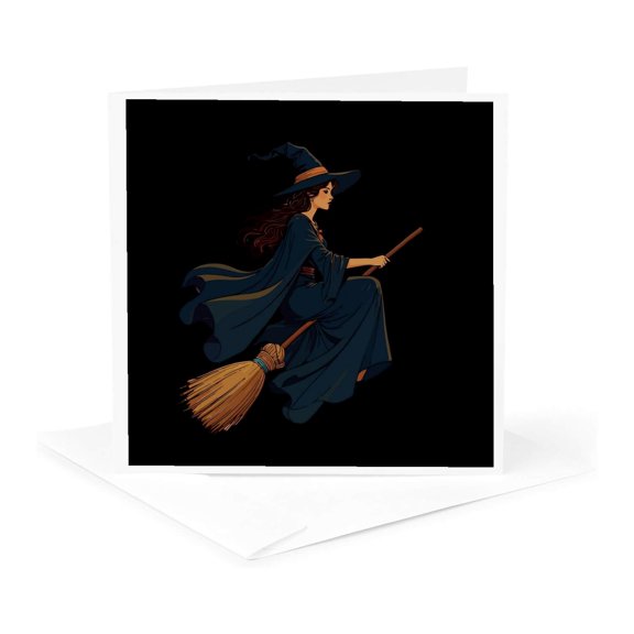 3drose, Young Witch Sat Astride a Besom Vector Art, 1 Greeting Card with Envelope