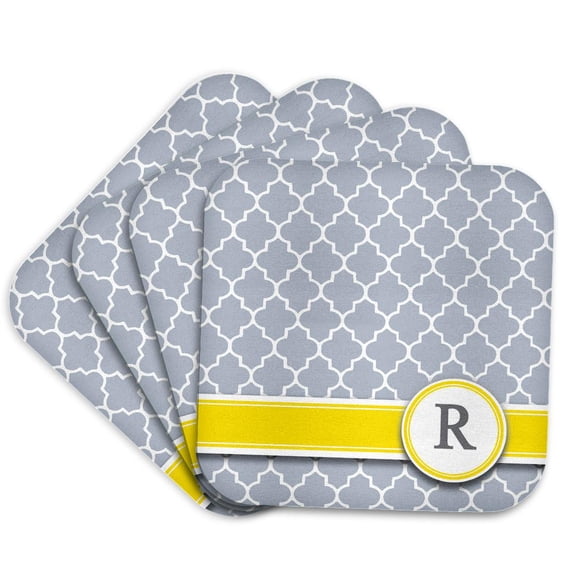3drose, Your Personal Name Initial Letter R - Monogrammed Grey Quatrefoil Pattern - Personalized Yellow Gray, Set of 4 Coasters - Cork