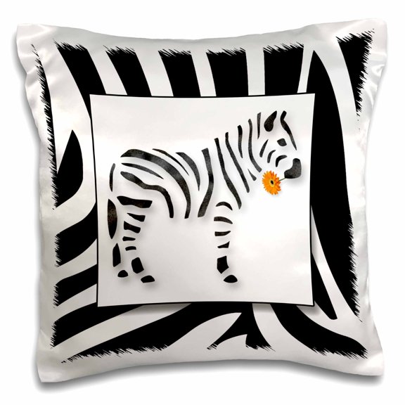3drose, Zebra with an Orange Daisy on Black and White Zebra Animal Print, 16x16 inch Pillow Case