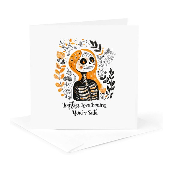 3drose, Zombies Love Brains. You Are Safe. Sarcastic Funny Halloween Gift, 1 Greeting Card with Envelope