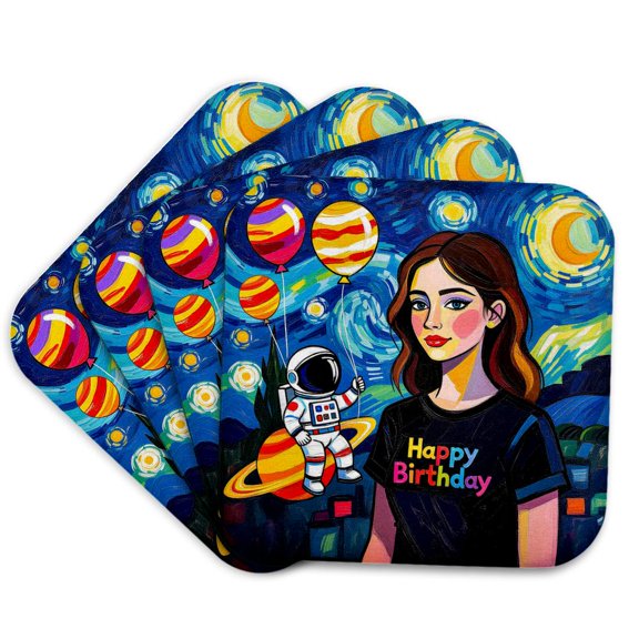 3drose, a Beautiful Girl and Space, Cosmic Background. Happy Birthday Gift, Set of 4 Coasters - Soft