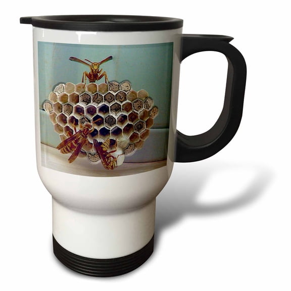 3drose, a Bees Nest up Close with Three Bees Working on It with a Mint Colored Backdrop, 14oz Stainless Steel Travel Mug