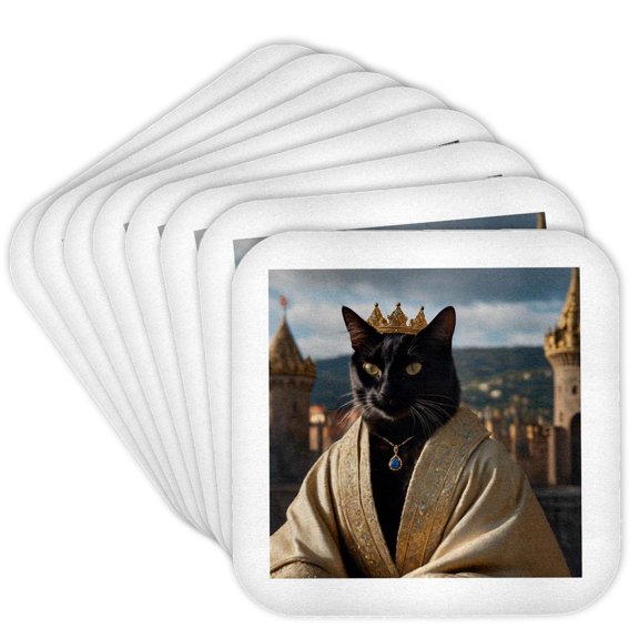 3drose, a Black Cat Dressed as a King or Queen, Set of 8 Coasters - Cork