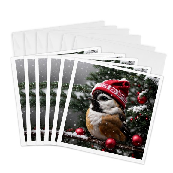 3drose, a Chickadee Wearing a Santa Hat and Scarf, 6 Greeting Cards with Envelopes