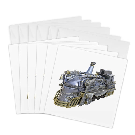 3drose, a Chrome and Gold Steampunk Train Engine, 6 Greeting Cards with Envelopes