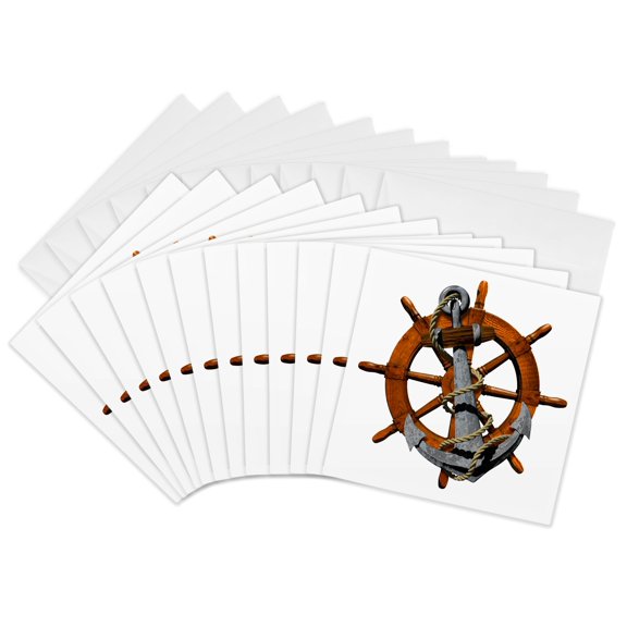 3drose, a Classic Nautical Ship Anchor and Helm for Any Boater or Sailor., 12 Greeting Cards with Envelopes