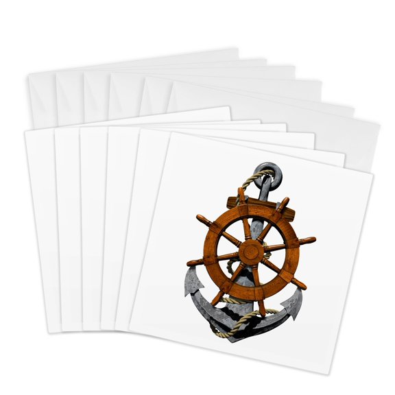 3drose, a Classic Nautical Ship Anchor and Helm for Any Boater or Sailor., 6 Greeting Cards with Envelopes