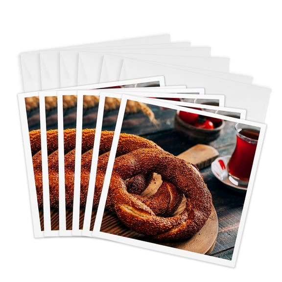 3drose, a Close up Photograph of a Turkish Simit Bagel and Fresh Tea, 6 Greeting Cards with Envelopes