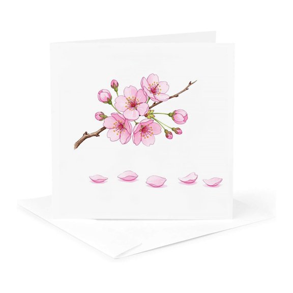 3drose, a Cluster of Pink Sakura Flowers and Petals on White Cool Art Gift, 1 Greeting Card with Envelope