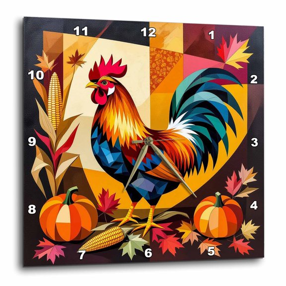 3drose, a Composition of a Rooster, Pumpkins, Corn. Thanksgiving Gift, Card, 10x10 Wall Clock