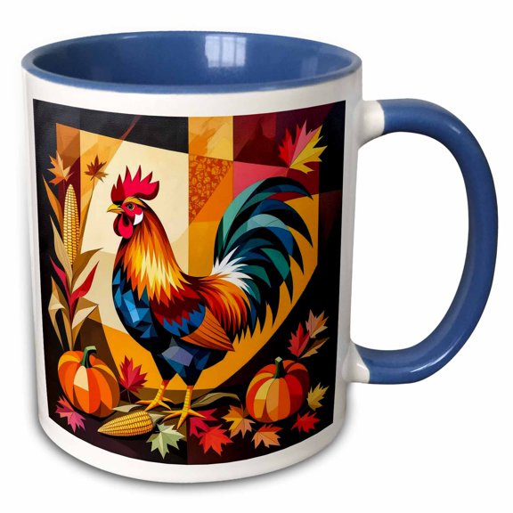 3drose, a Composition of a Rooster, Pumpkins, Corn. Thanksgiving Gift, Card, 11oz Two-tone Blue Mug