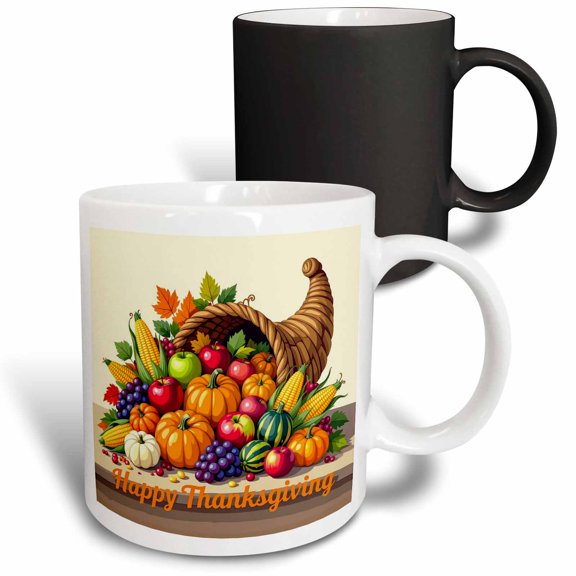 3drose, a Cornucopia on the Table. Fruits, Vegetables. Happy Thanksgiving, 11oz Magic Transforming Mug