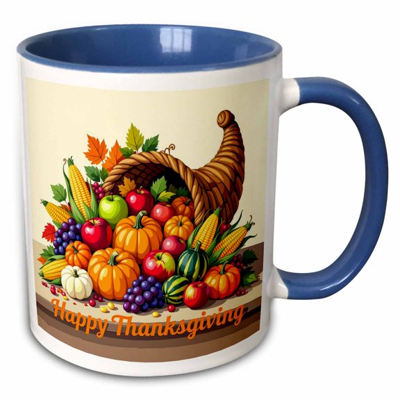 3drose, a Cornucopia on the Table. Fruits, Vegetables. Happy Thanksgiving, 11oz Two-tone Blue Mug