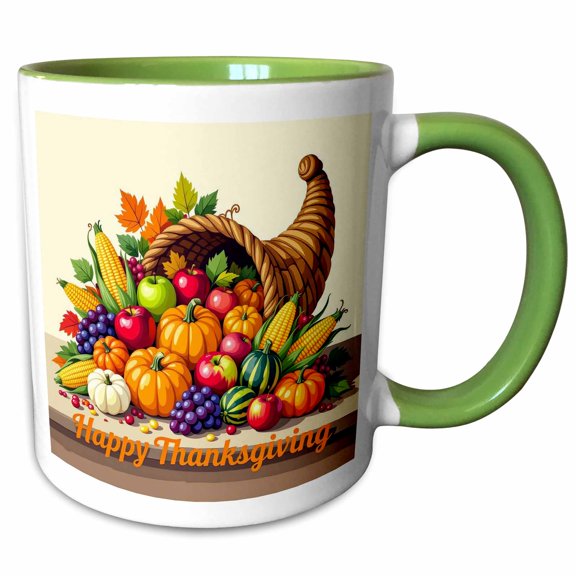 3drose, a Cornucopia on the Table. Fruits, Vegetables. Happy Thanksgiving, 11oz Two-tone Green Mug