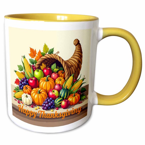 3drose, a Cornucopia on the Table. Fruits, Vegetables. Happy Thanksgiving, 11oz Two-tone Yellow Mug