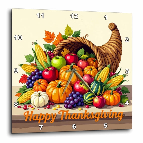 3drose, a Cornucopia on the Table. Fruits, Vegetables. Happy Thanksgiving, 15x15 Wall Clock