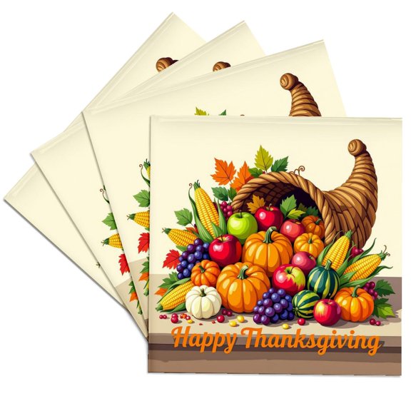 3drose, a Cornucopia on the Table. Fruits, Vegetables. Happy Thanksgiving, Set of 4 Ceramic Tile Coasters