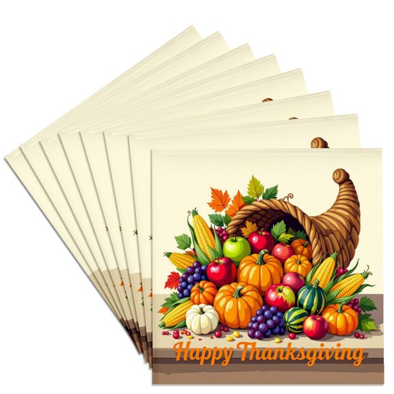 3drose, a Cornucopia on the Table. Fruits, Vegetables. Happy Thanksgiving, Set of 8 Ceramic Tile Coasters