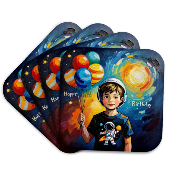 3drose, a Cosmic Boy with Toy Balloons in Hand. Happy Birthday Gift for All, Set of 4 Coasters - Soft
